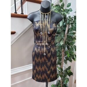 Savee Couture Black & Gold Polyester Off The Shoulder Knee Length Dress Size M